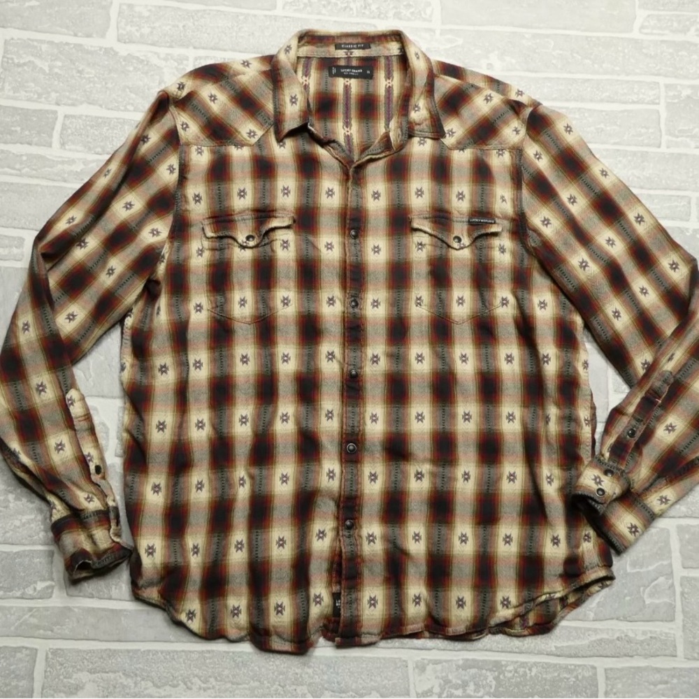 Lucky Brand Pearl Snap Shirt Adult XL Buffalo Plaid Southwest Button Up Western